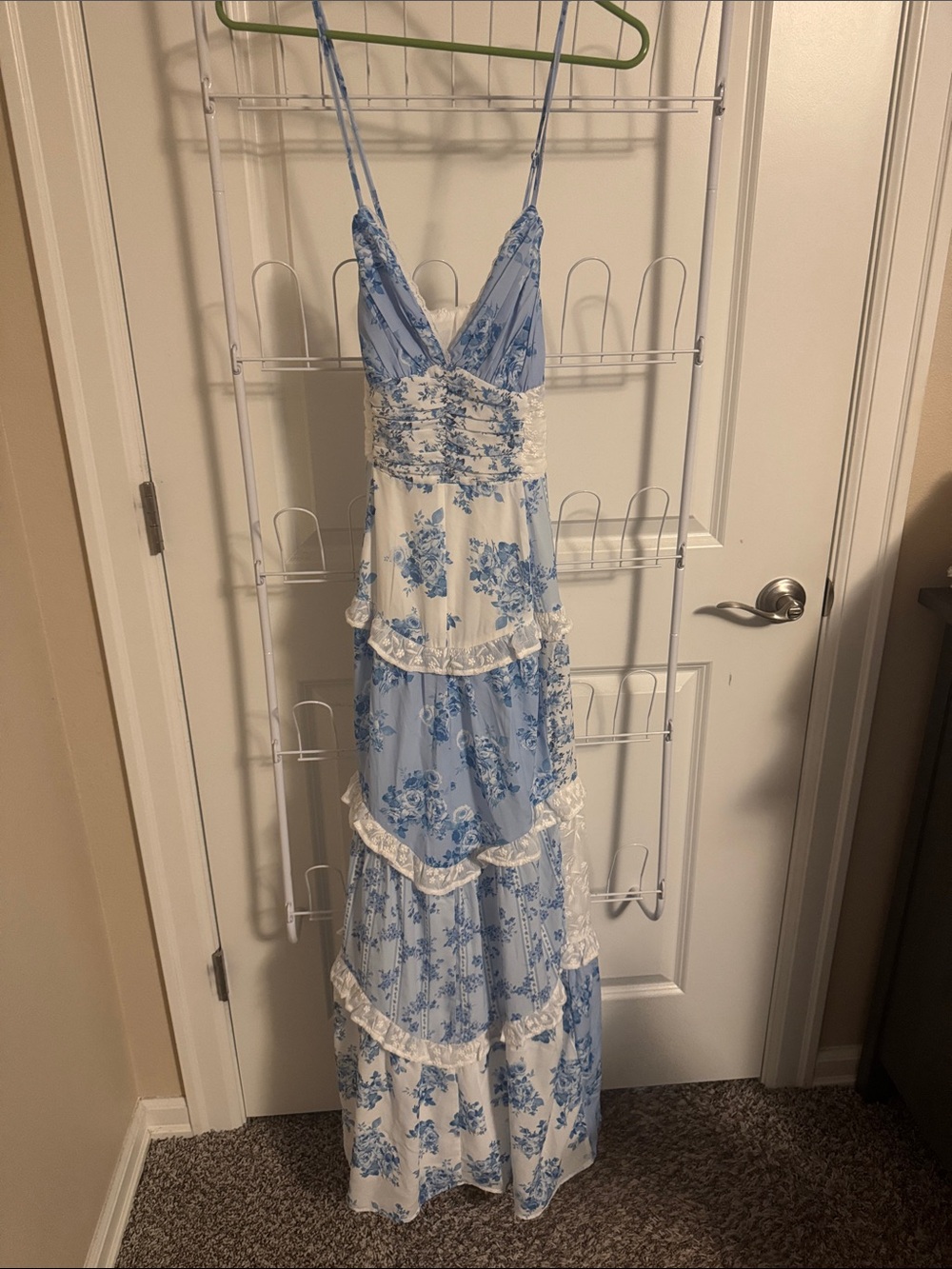 Altar'd State Blue and White Floral Tiered Maxi Dress with Spaghetti Straps
